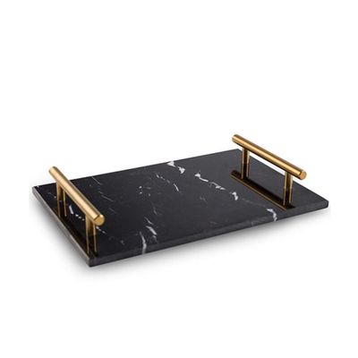 ORTOLY Tray Decorative Tray Nordic Marble Tray Polished Gold Metal Handle Jewelry Rectangular Storage Tray Bathroom Decoration Birthday Christmas Organizer (Color : Black)