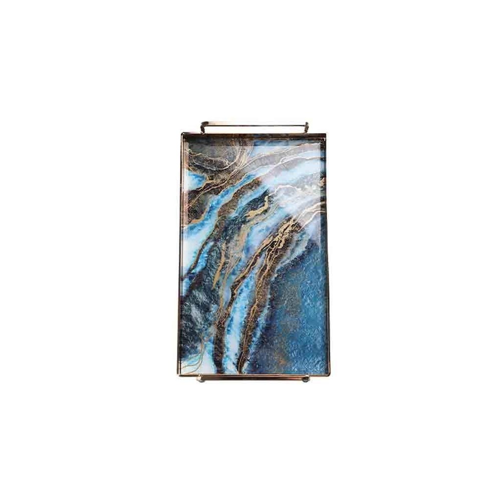 ORTOLY Tray Stainless Steel Glass Bathroom Tray Electroplating Color Printing Metal Handle Jewelry Tray Rectangular Bathroom Storage Tray 14  8.8  0.11 Inches Organizer