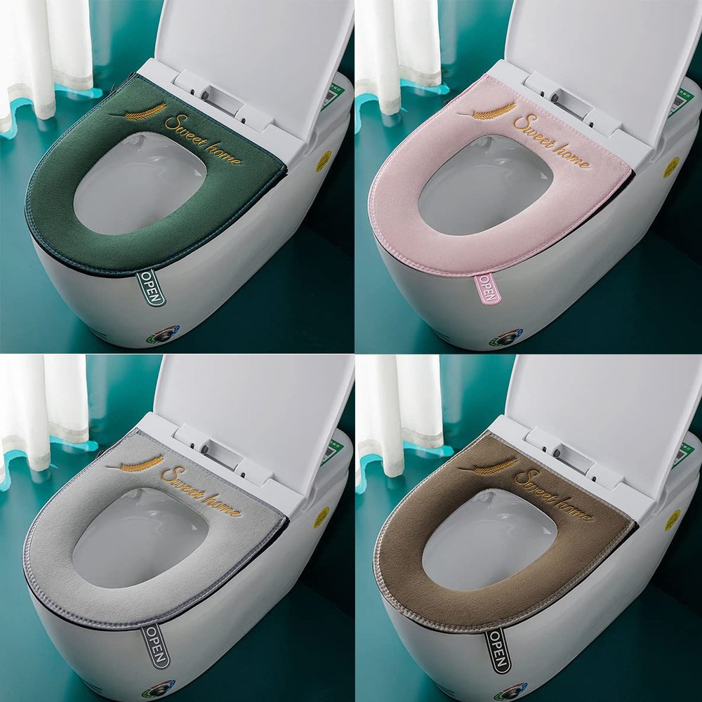 Albideyaa 4PCS Thicker Bathroom Soft Toilet Seat Cover Pad with Handle Zipper Toilet Lid Cover Cushion Soft Thicker Washable Fits All Oval Toilet Seats