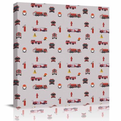 Canvas Prints Bathroom Wall Art Framed Wall Decor, Fire Truck Fireman Hard Hat Barricade on Grey Background Wall Paintings Print Artwork for Living Room Bedroom Kitchen Office Ready to Hang 8x8in