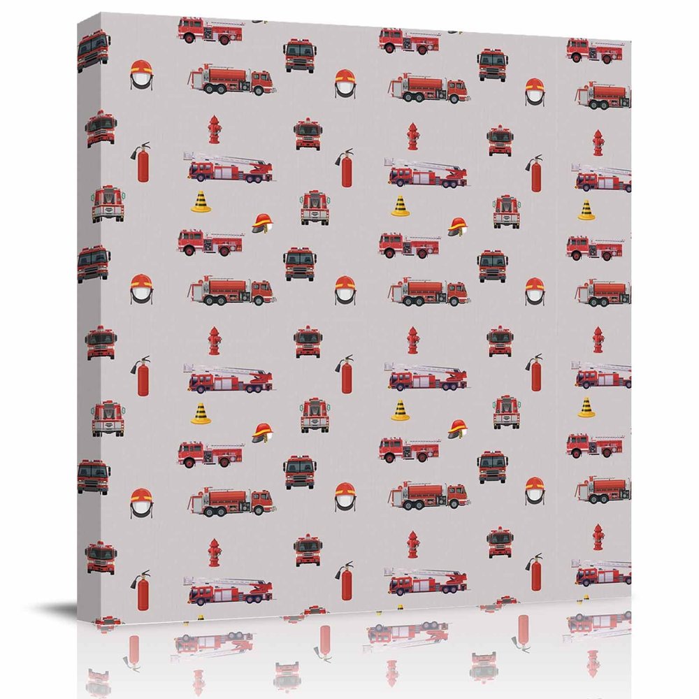 Canvas Prints Bathroom Wall Art Framed Wall Decor, Fire Truck Fireman Hard Hat Barricade on Grey Background Wall Paintings Print Artwork for Living Room Bedroom Kitchen Office Ready to Hang 8x8in
