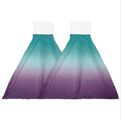 2 PCS Kitchen Hand Towels, Farmhouse Teal Purple Ombre Soft Plush Hanging Tie Towels with Loop for Kitchen Bathroom Dish Cloth Tea Bar Towel Hazy Turquoise Rustic Gradient