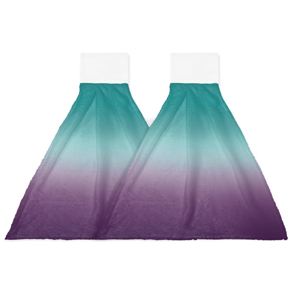 2 PCS Kitchen Hand Towels, Farmhouse Teal Purple Ombre Soft Plush Hanging Tie Towels with Loop for Kitchen Bathroom Dish Cloth Tea Bar Towel Hazy Turquoise Rustic Gradient