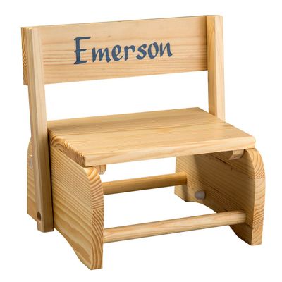 Custom Natural Wooden 2-in-1 Chair and Stepstool, 100% Hardwood, Blue Font - Measures 9 3/4" x 10 3/4"