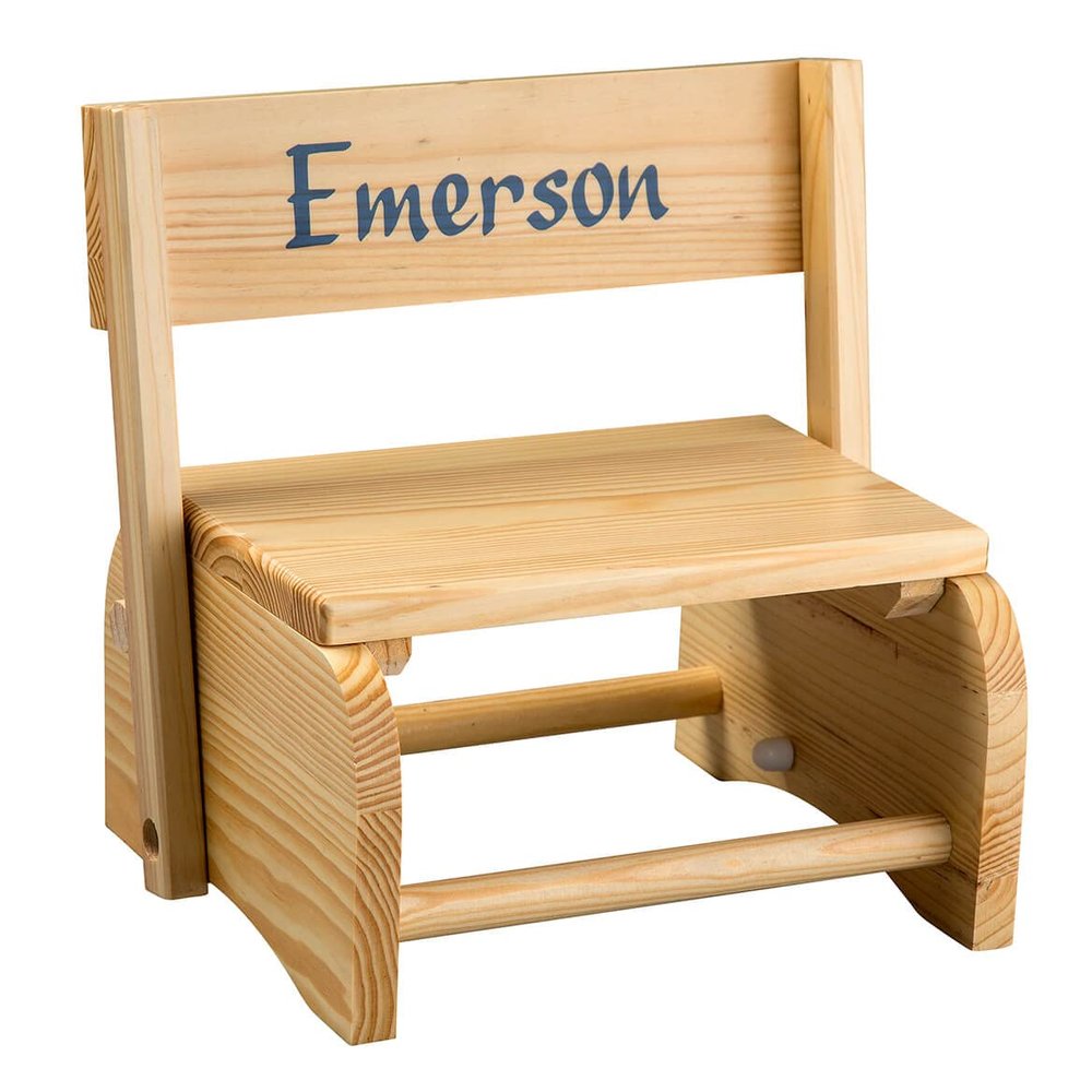Custom Natural Wooden 2-in-1 Chair and Stepstool, 100% Hardwood, Blue Font - Measures 9 3/4" x 10 3/4"