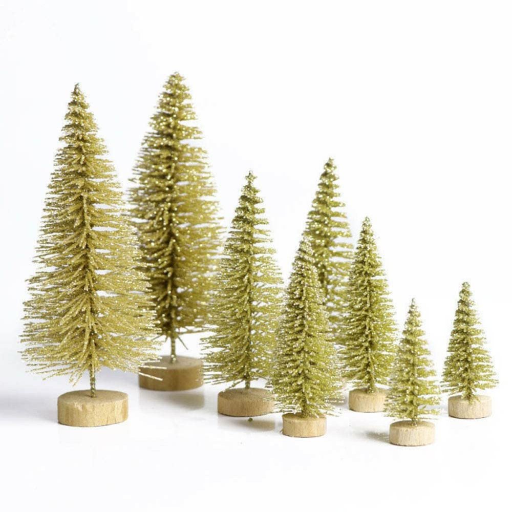 D-GROEE 8PCS Artificial Mini Christmas Trees, Fake Bottle Brush Small Pine Snow Frosted Trees with Wood Base Tabletop Ornaments Winter Crafts for Xmas Holiday Party Home Decor Golden