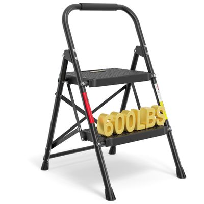 BONTEC 2-Step Ladder, Folding Step Stool, 600lbs Max Load Capacity, Sturdy Steel, Non-Slip Pedals, Lightweight, Portable Steel Ladder with Convenient Handrail, Safety Design for Home & Work, Black