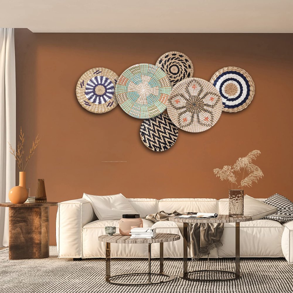 AVSMGP Boho Wall Decor Wicker Baskets, Decorative African Woven Rattan Seagrass Hanging Basket for Home, Small and Large Boho Home Round Flat Art Plates Set of 6, Unique Handmade Boho Basket,A