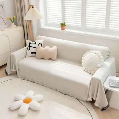 Foreate Chenille Sofa Cover Couch Cover with Tassels for L Shaped Sofa - Sofa Blanket Furniture Protector Dog Blanket Machine Washable Couch Cover for Pets Kids Dogs, 71 x 102, White-Tassel