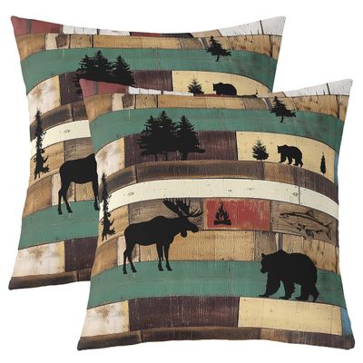 Deer Pillow Covers Bear Throw Pillow Covers Christmas Theme Cushion Covers For Living Room Bedroom Decor Wooden Style Fish Pine Tree Camping Retro Decorative Square Pillow Cases 20x20 Set Of 2