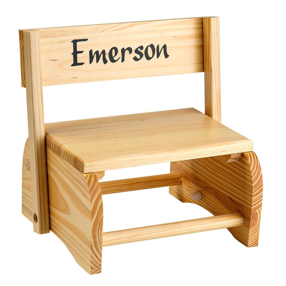 Custom Natural Wooden 2-in-1 Chair and Stepstool, 100% Hardwood, Black Font - Measures 9 3/4" x 10 3/4"