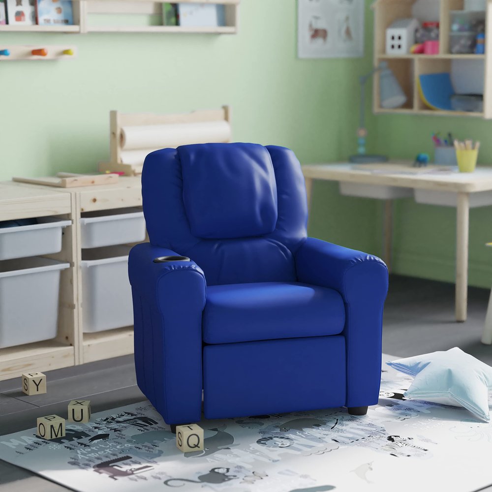 HBCY Creations Kid's Recliner - Blue Vinyl Upholstery - Integrated Cupholder - Padded Headrest - Safety Recline Feature