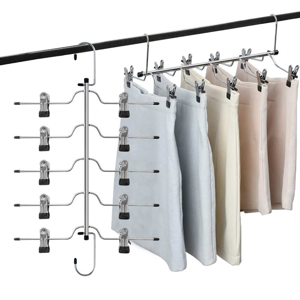 4 Pack Metal Pants Skirt Hangers Organizer,5 Tier Space Saving Hangers with Adjustable Non Slip Clips, Heavy Duty 360 Degree Swivel Hook, Gain 80% More Space for Slacks, Trousers, Shorts, Jeans