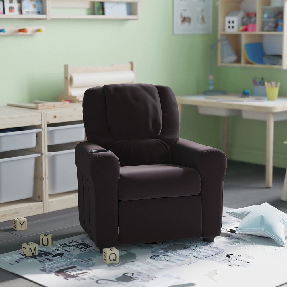 HBCY Creations Kid's Recliner - Brown Faux Leather Upholstery - Integrated Cupholder - Padded Headrest - Safety Recline Feature