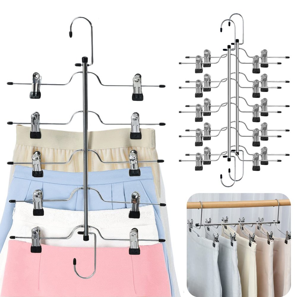 3 Pack Skirt Hangers Space Saving 5 Tier Metal Skirt Hanger with Clips, Durable Heavy Duty Trouser Pants Hangers Closet Organizer for Jeans, Slacks, Shorts