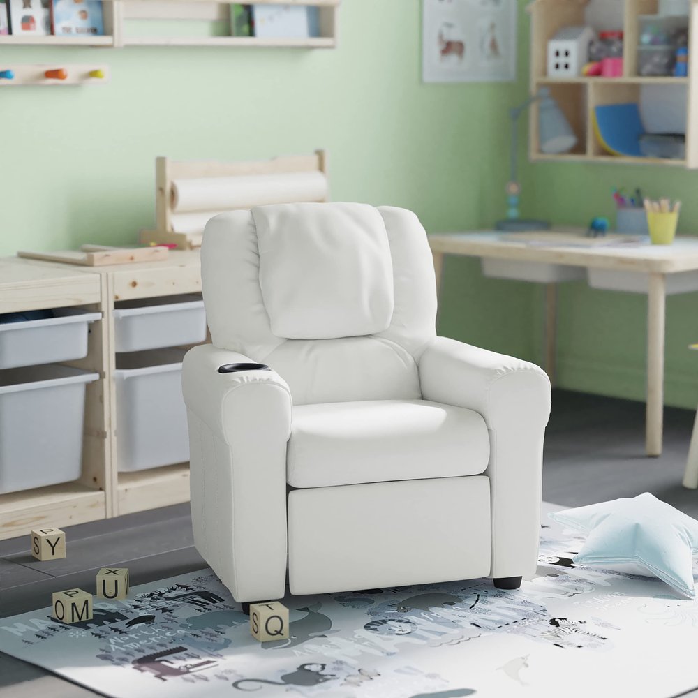 HBCY Creations Kid's Recliner - White Vinyl Upholstery - Integrated Cupholder - Padded Headrest - Safety Recline Feature