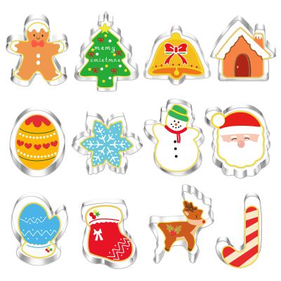 12 Pieces Christmas Cookie Cutters Set - Mini Cute Cookie Cutter includes Gingerbread Men, Snowflake, Reindeer, Candie, Christmas Tree, Snowman, Santa Face and More Xmas Cutters Molds Decorations