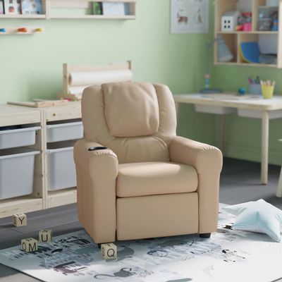 HBCY Creations Kid's Recliner - Beige Vinyl Upholstery - Integrated Cupholder - Padded Headrest - Safety Recline Feature