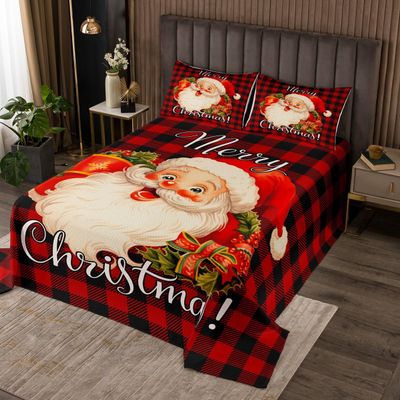 Santa Claus Lightweight Quilt Set for Kids Teens,Black and Red Square Bedspread,Merry Christmas Bed Cover Bedding Set Decorative Quilted 2 Piece Coverlet Set with 1 Pillow Sham,Twin Size