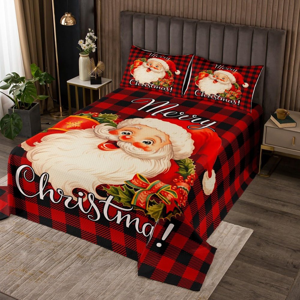 Santa Claus Lightweight Quilt Set for Kids Teens,Black and Red Square Bedspread,Merry Christmas Bed Cover Bedding Set Decorative Quilted 2 Piece Coverlet Set with 1 Pillow Sham,Twin Size