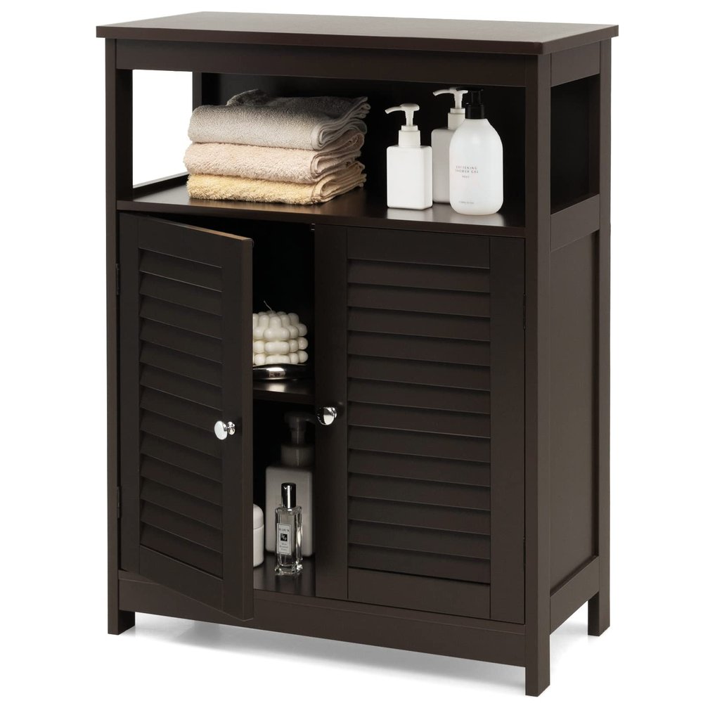 GLACER Bathroom Floor Cabinet, Wooden Storage Cabinet with Double Shutter Doors & 3-Position Adjustable Shelf, Side Storage Organizer, 23.5 x 12 x 31.5 inches (Espresso)