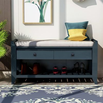 TRIPLE TREE Shoe Rack with Cushioned Seat and Drawers, Multipurpose Entryway Storage Bench with Shelf, Wood Storage Bench for Living Room Entryway Hallways, Antique Navy, 39''L x 14''W x 19.8''H
