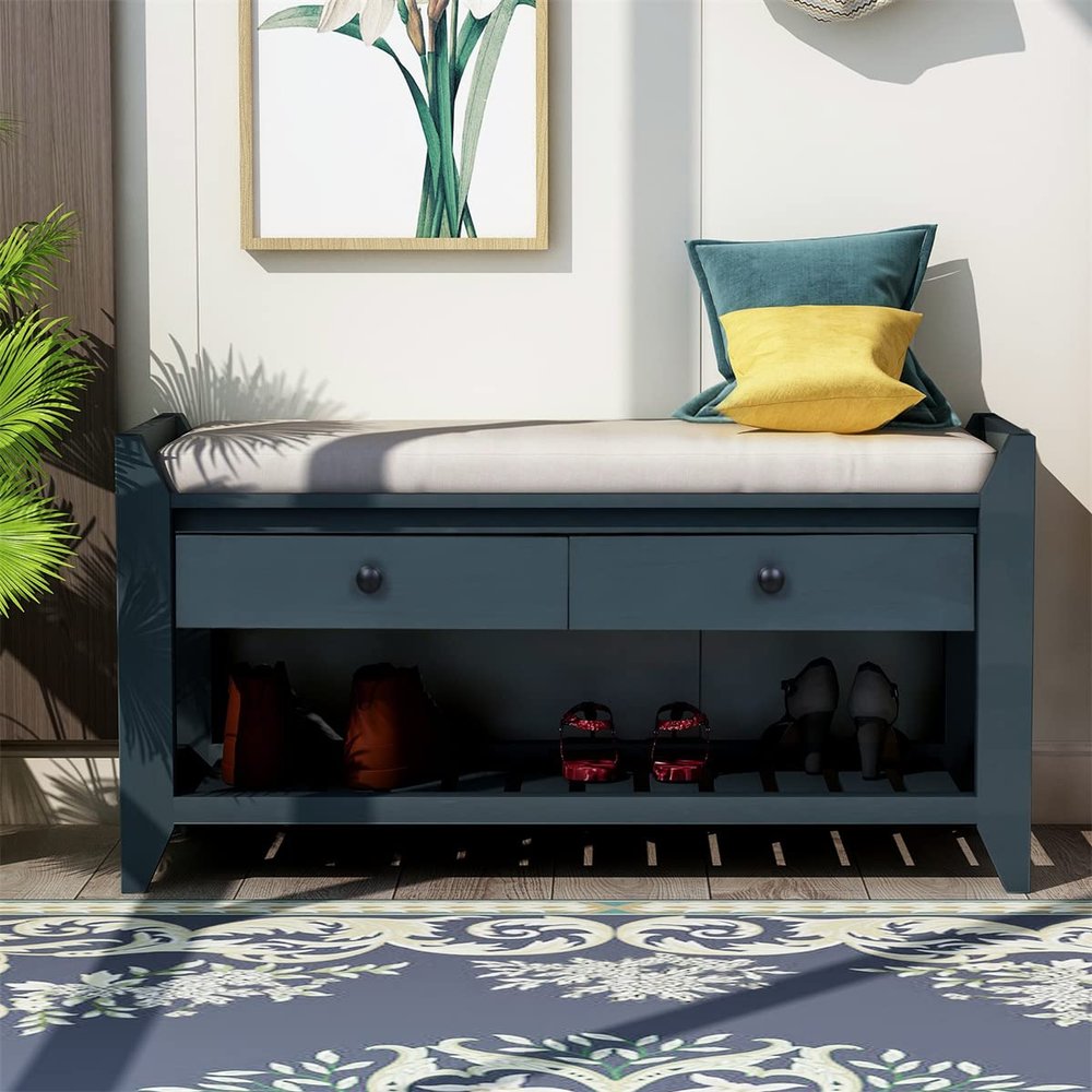 TRIPLE TREE Shoe Rack with Cushioned Seat and Drawers, Multipurpose Entryway Storage Bench with Shelf, Wood Storage Bench for Living Room Entryway Hallways, Antique Navy, 39''L x 14''W x 19.8''H