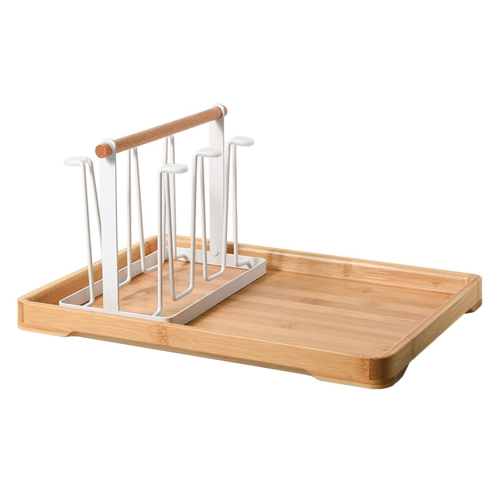 LIU- Cup Drying Rack Holder with Bamboo Tray,Beer Glasses Rack Hold to 6 Cup,Non-Slip Metal Drinking Glasses Organizer Rack with Wood Handle (Color : White)