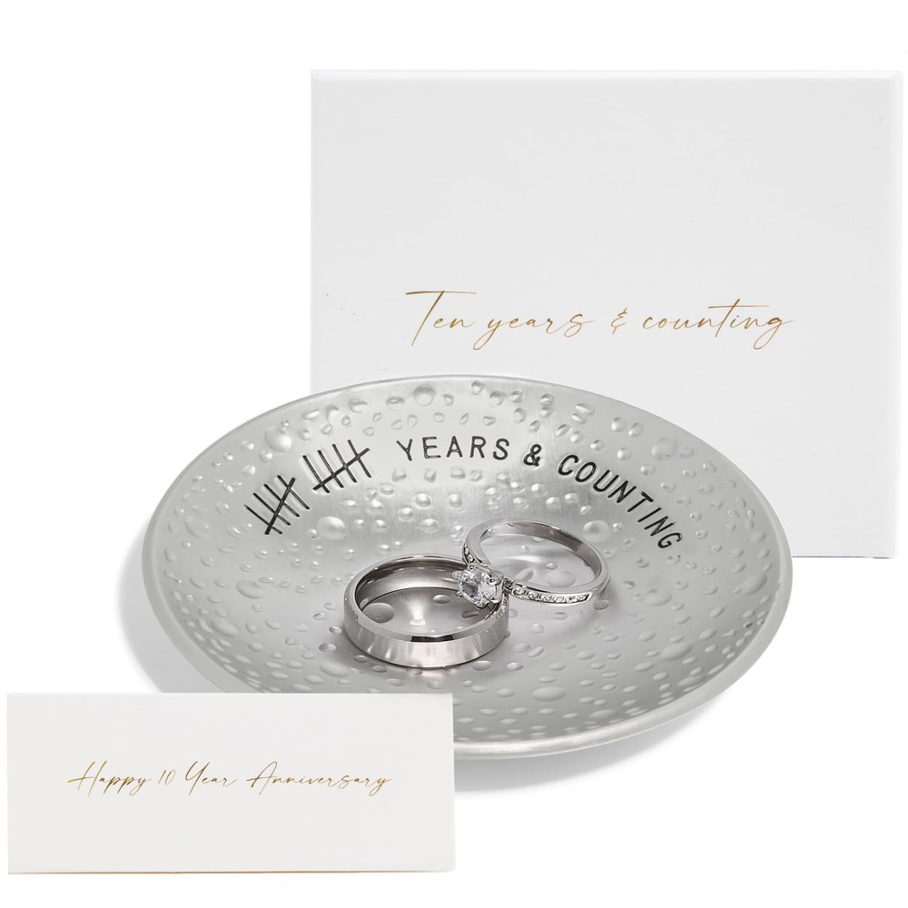 PureRejuva 10th Anniversary Tin Gifts  4 In., Engraved, Aluminum Wedding Ring Holder Dish & Gift Box  10 Year Wedding Gift for Him & 10 Year Anniversary for Her Textured Style