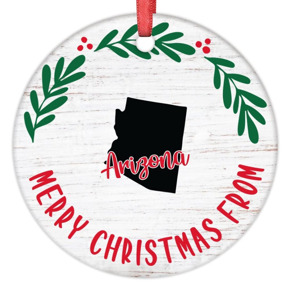 Arizona Christmas Tree Ornaments Personalized US State Christmas Ornament Merry Christmas Wreath Ceramic Farmhouse Hanging Ornaments Holiday Christmas Keepsake New Year Gifts, 3 Inch
