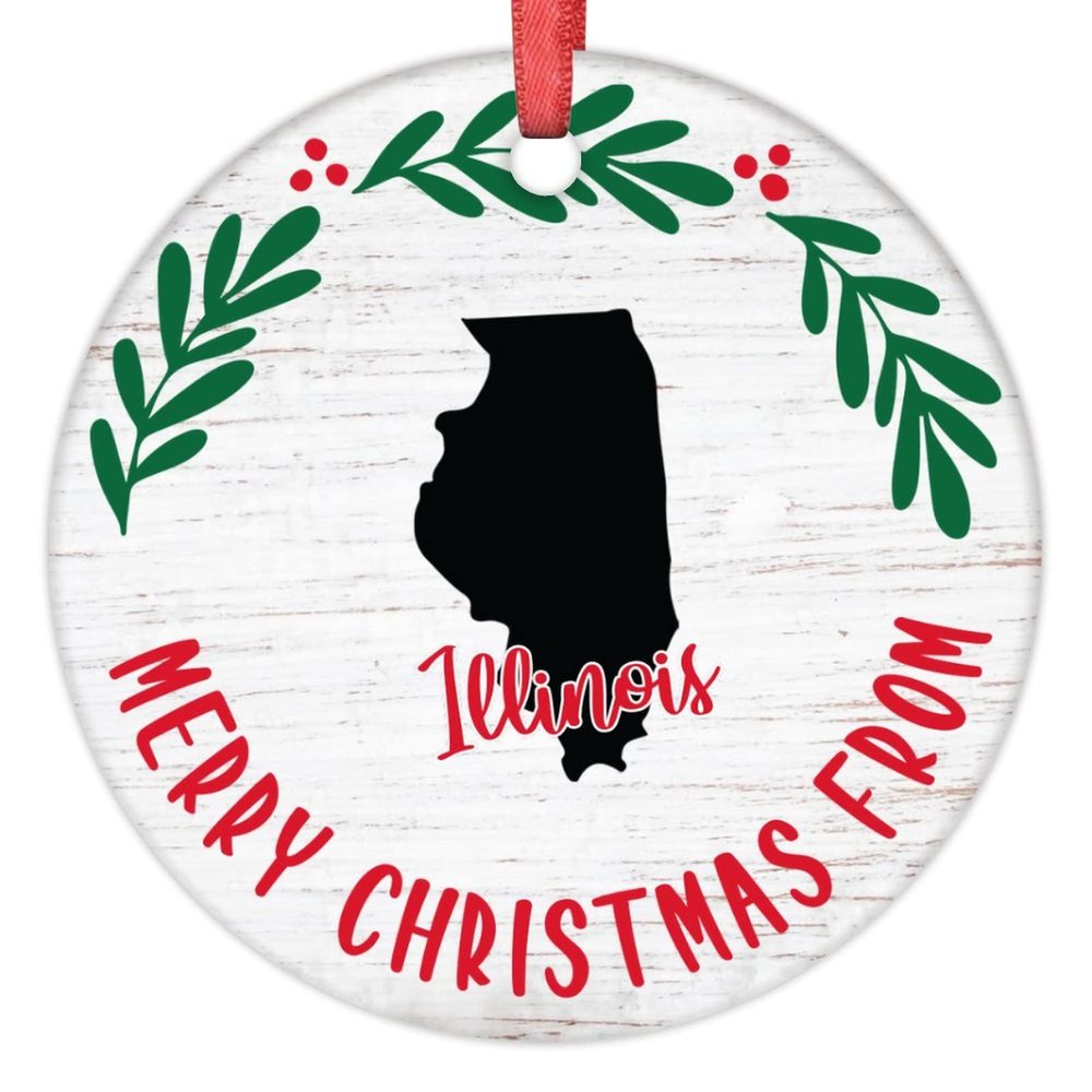 Illinois Ornaments Personalized Home State Christmas Ornaments 2022 Merry Christmas Wreath Christmas Decorations for Tree Illinois Hanging Ornaments Holiday Christmas Keepsake New Year Gifts, 3 Inch