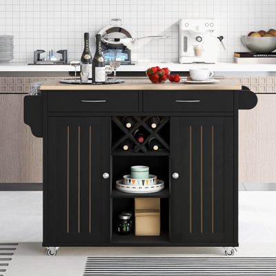 KLMM Versatile Design Kitchen Island Cart with Open Storage Cabinets and Four Locking Wheels, Wine Rack, Two Door Cabinet,Two Drawers,Spice Rack, Towel Rack (Black#O)