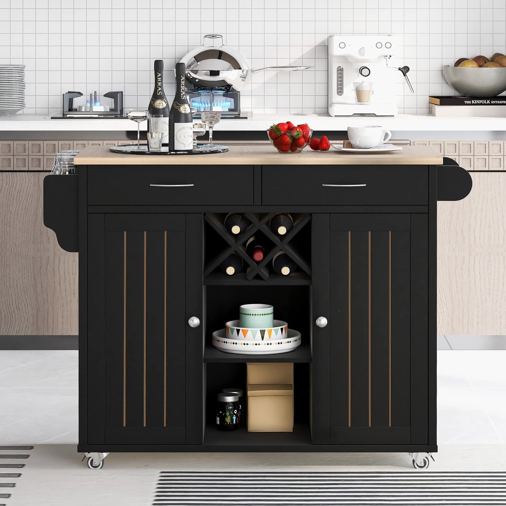 KLMM Versatile Design Kitchen Island Cart with Open Storage Cabinets and Four Locking Wheels, Wine Rack, Two Door Cabinet,Two Drawers,Spice Rack, Towel Rack (Black#O)