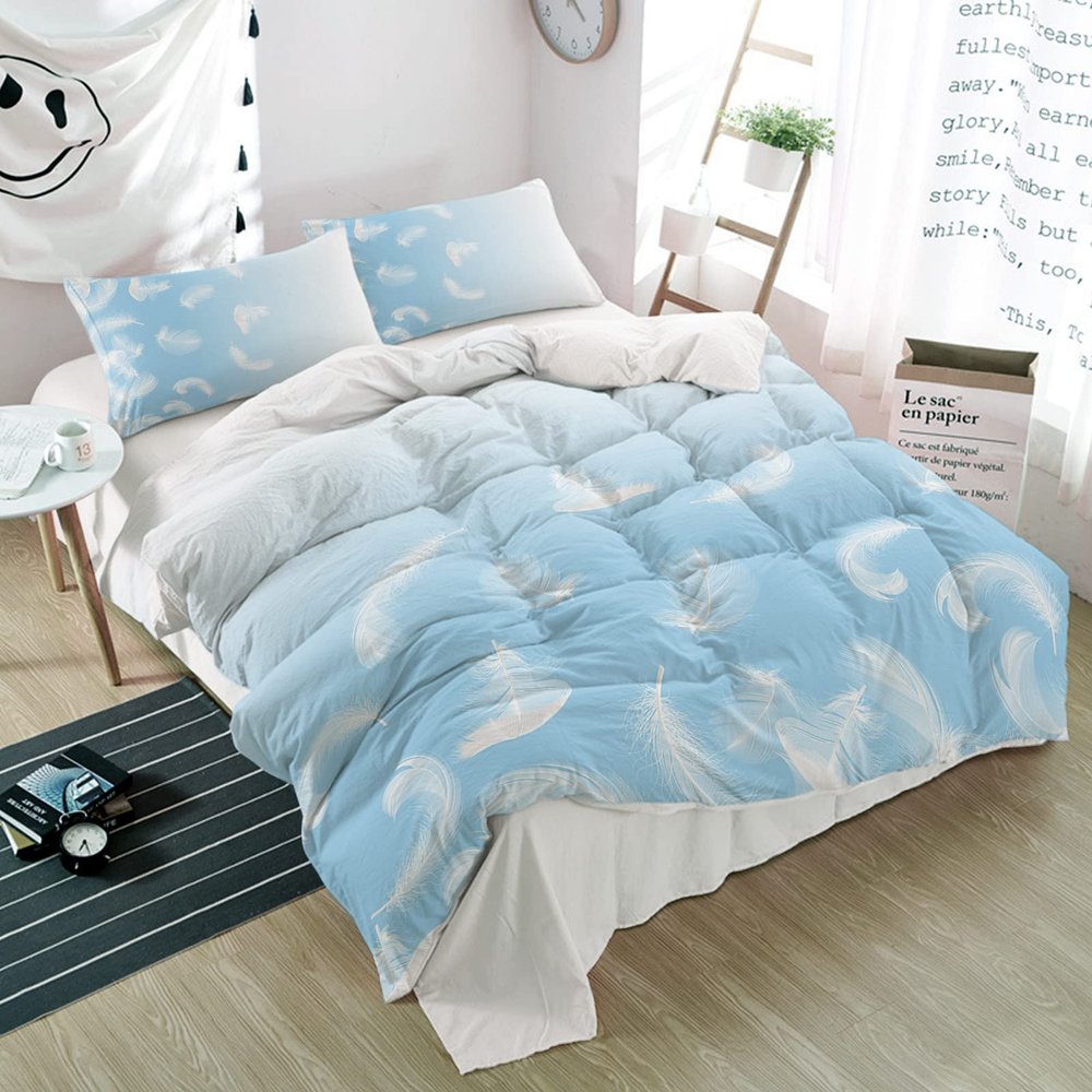 3 Pieces Duvet Cover Cal King Bedding Sets White Feather Blue Gradient Back Luxury Soft Comforter Cover with Pillowcases Farm Bird Plumage Ombre Art Microfiber Quilt Covers Set for Bedroom Decor