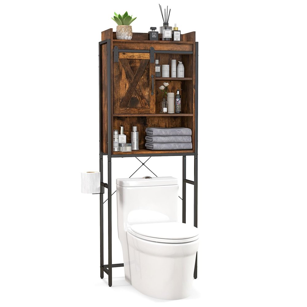 LOKO Over The Toilet Storage Cabinet, Freestanding Bathroom Space Saver with Adjustable Shelves & Sliding Barn Door, 4-Tier Over Toilet Bathroom Organizer, 25 x 9.5 x 67.5 inches (Rustic Brown)