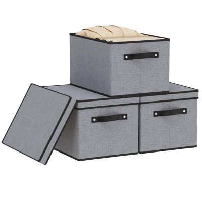 YheenLf Storage Boxes with Lids, Decorative Linen Storage Bins for Shelves, Fabric Closet Organizer with Handles, Gray, 16.5 x 11.8 x 10.2 Inch, 3-Pack