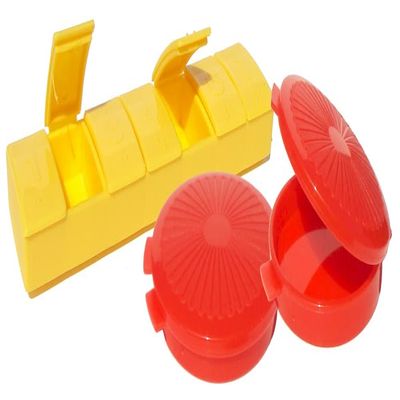 Tupperware 7 Day Pill Keeper Divided Organizer Round Clamshell Yellow and Red Set