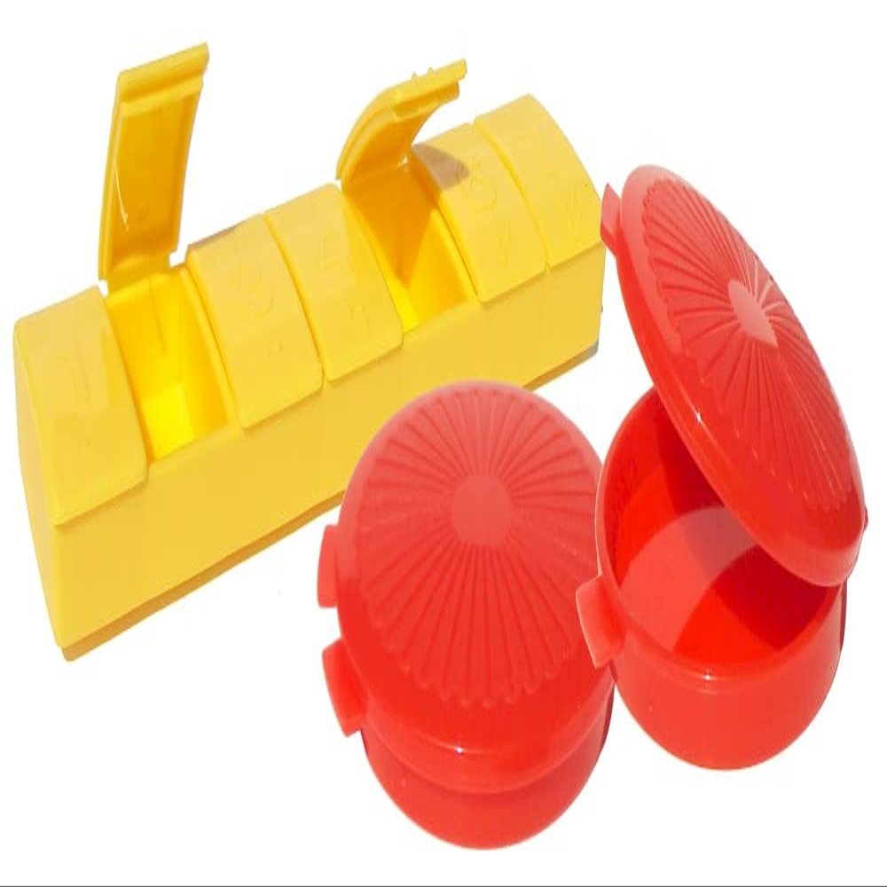 Tupperware 7 Day Pill Keeper Divided Organizer Round Clamshell Yellow and Red Set