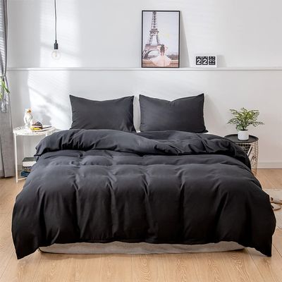 RunGrape Black Duvet Cover King Size - Washed Duvet Covers, Solid Color, 3 Pieces with Zipper Closure & Corner Ties, 1 Duvet Cover 103x91 inches and 2 Pillow Shams (Black, King)