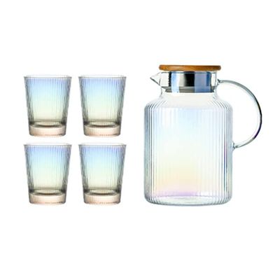 ACEVER Glass Drinkware Set with 1 Kettle and 4 Tumbler Cups, Classic Vertical Stripes, Bamboo Lid, Unleaded Glass Teacup for Beverage Latte Coffee Mugs (Iridescent Short)
