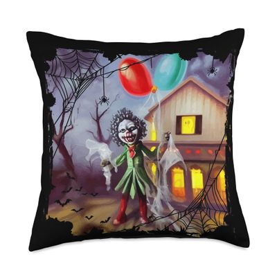 Scary Creepy Clown Ghost Haunted House Mansion Halloween Art Throw Pillow