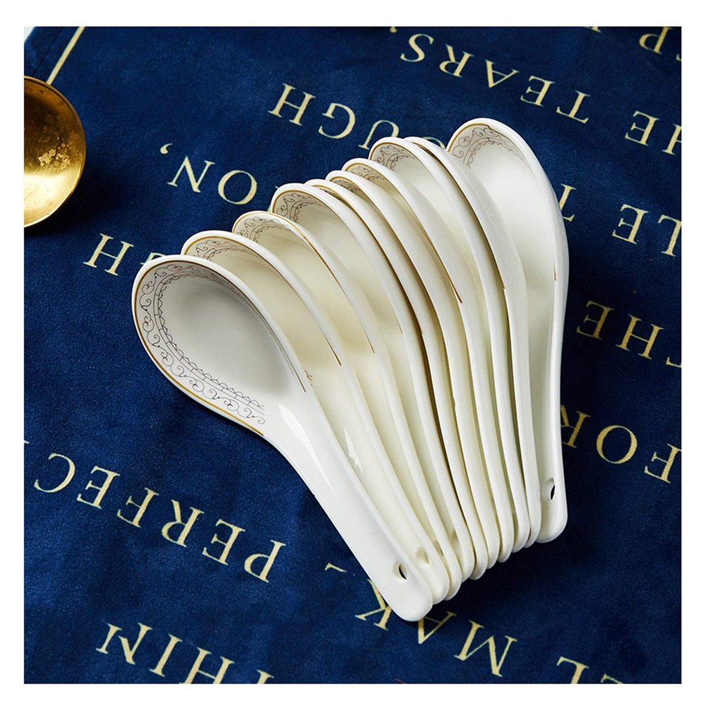 Bulk Spoons Set 10 Small Ceramic Soup Spoons, Simple Bone China Spoons, Bowls and Saucers Set Household Jingdezhen Tableware Spoons for Eating (Color : G)
