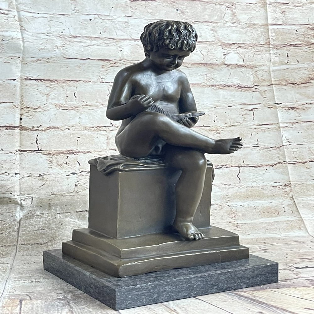 100% Bronze on Marble Base Sculpture Farmer Child Boy Nude Original Figure Statue Artwork Figurine Deal Home Decor by Think Bronze