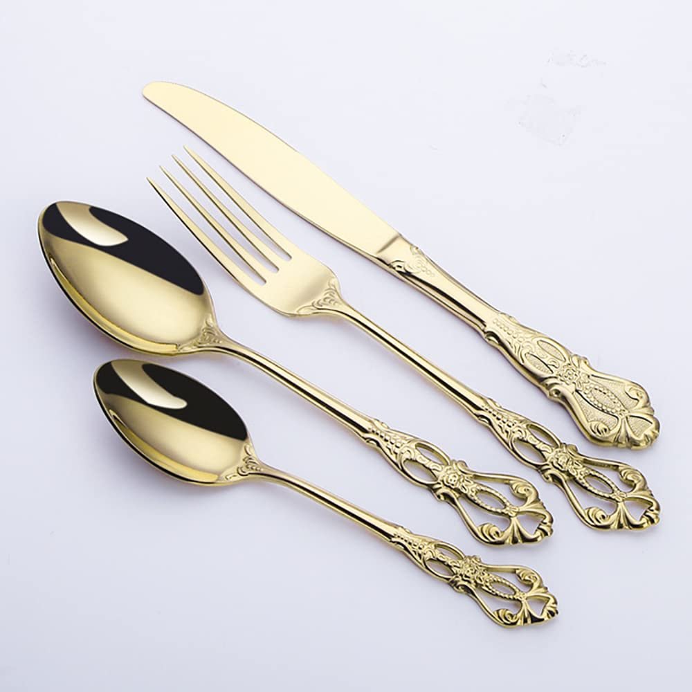 48 Piece Gold Silverware Set for 12 Palace Flatware Sets With Hollow Relief Decoration Stainless Steel Kitchen Restaurant Hotel Cutlery Utensils Knifes Forks and Spoons Set