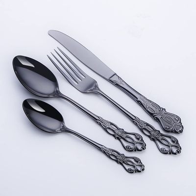 48 Piece Black Silverware Set for 12 Palace Flatware Sets With Hollow Relief Decoration Stainless Steel Kitchen Restaurant Hotel Cutlery Utensils Knifes Forks and Spoons Set