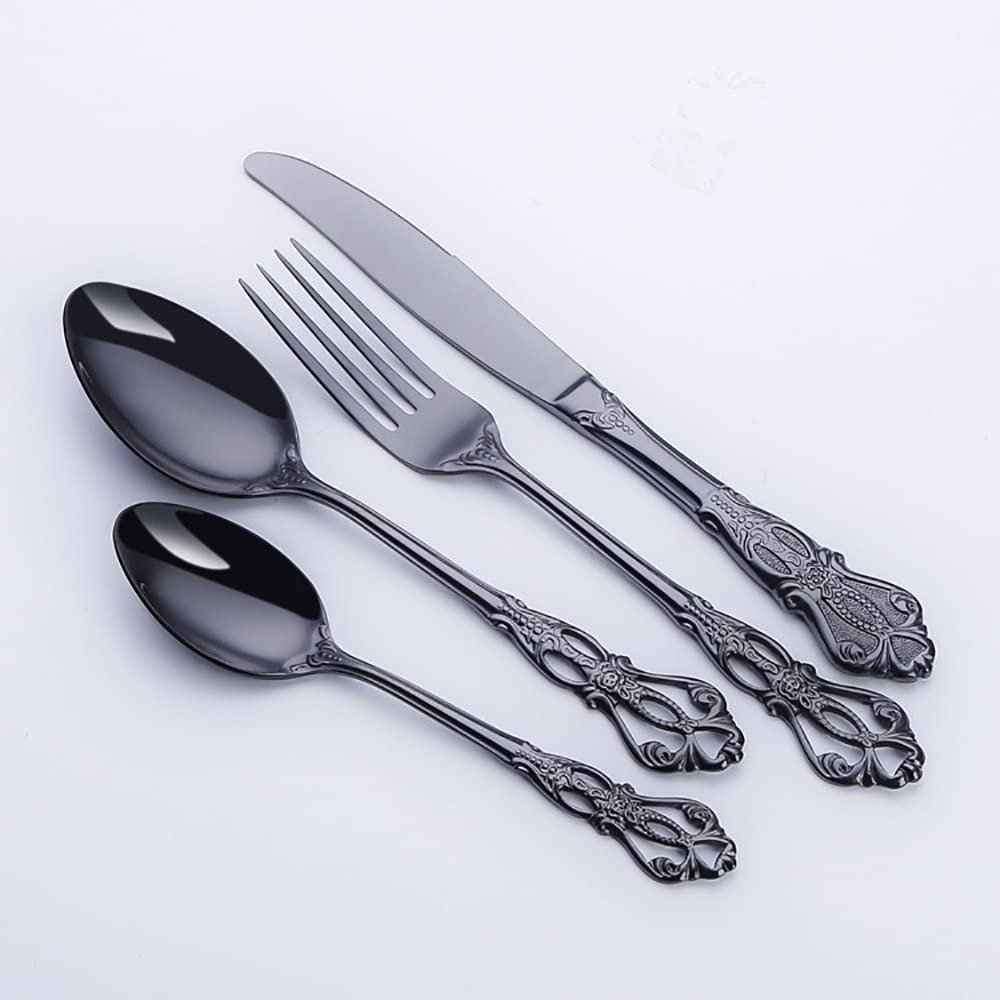 48 Piece Black Silverware Set for 12 Palace Flatware Sets With Hollow Relief Decoration Stainless Steel Kitchen Restaurant Hotel Cutlery Utensils Knifes Forks and Spoons Set