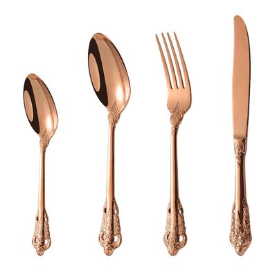 48 Piece Rose Gold Silverware Set for 12 Palace Flatware Sets With Relief Decoration Stainless Steel Kitchen Restaurant Wedding Cutlery Utensils Knifes Forks and Spoons Set