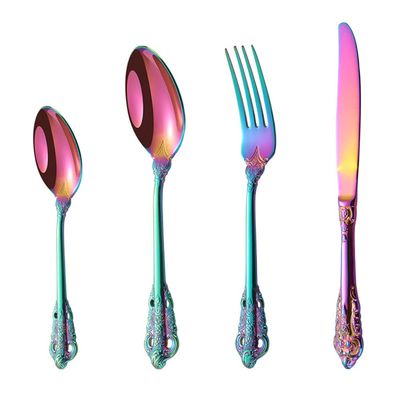 24 Piece Rainbow Silverware Set for 6 Palace Flatware Sets With Relief Decoration Stainless Steel Kitchen Restaurant Wedding Cutlery Utensils Knifes Forks and Spoons Set