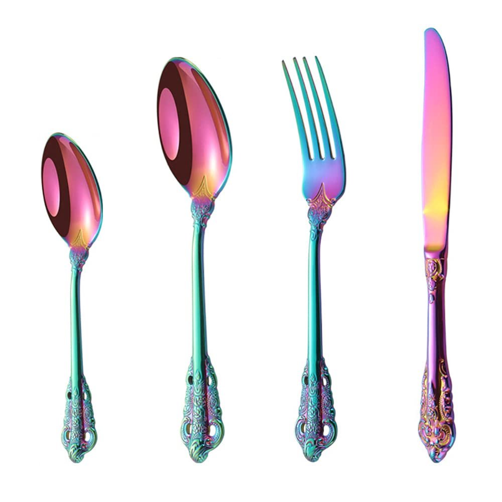 24 Piece Rainbow Silverware Set for 6 Palace Flatware Sets With Relief Decoration Stainless Steel Kitchen Restaurant Wedding Cutlery Utensils Knifes Forks and Spoons Set