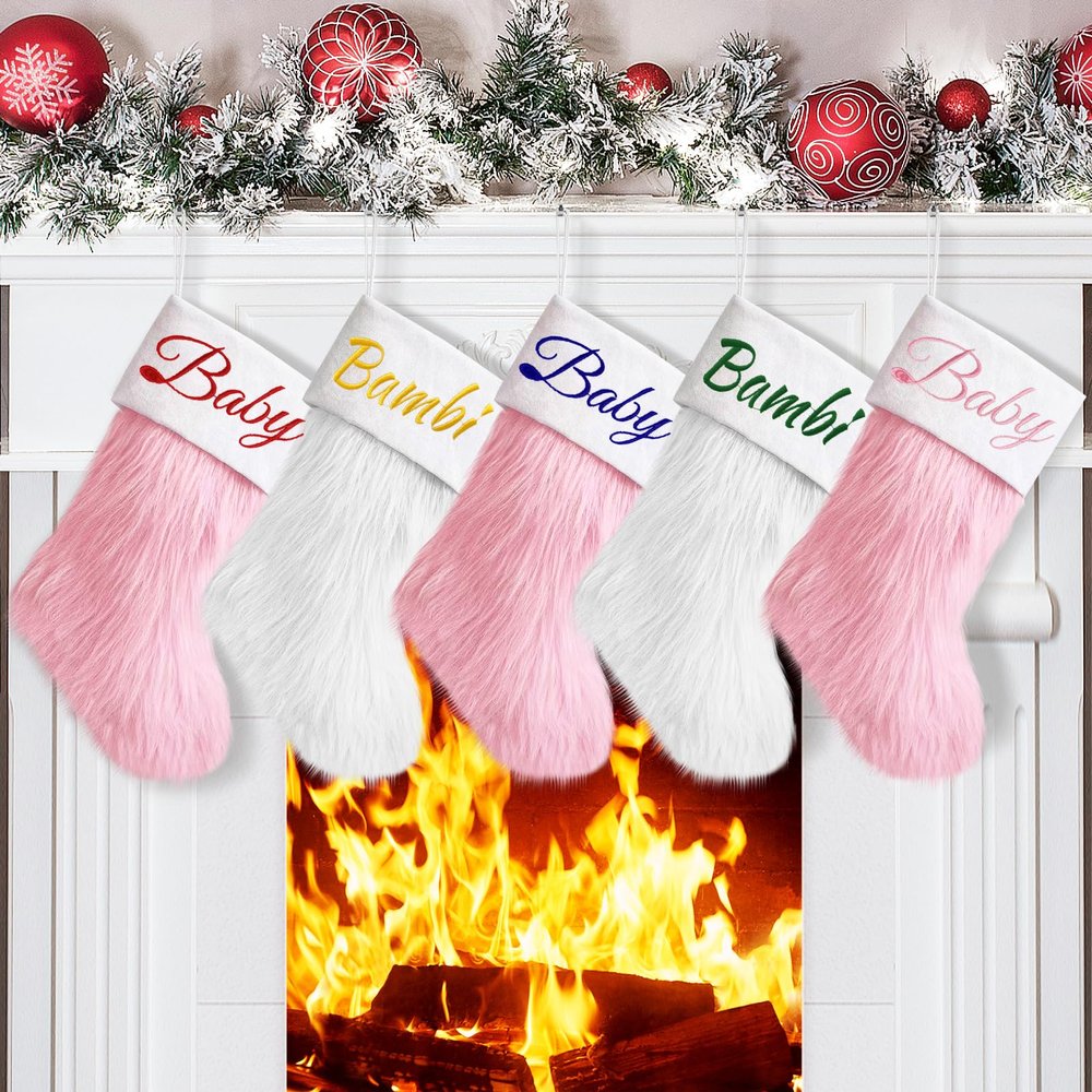 DegGod Pink or White Personalized Christmas Stockings, 6 Pack Plush Faux Fur Embroidery Custom Xmas Stocking with Names Hanging Ornament for Fireplace Xmas Tree Holiday Party Decoration